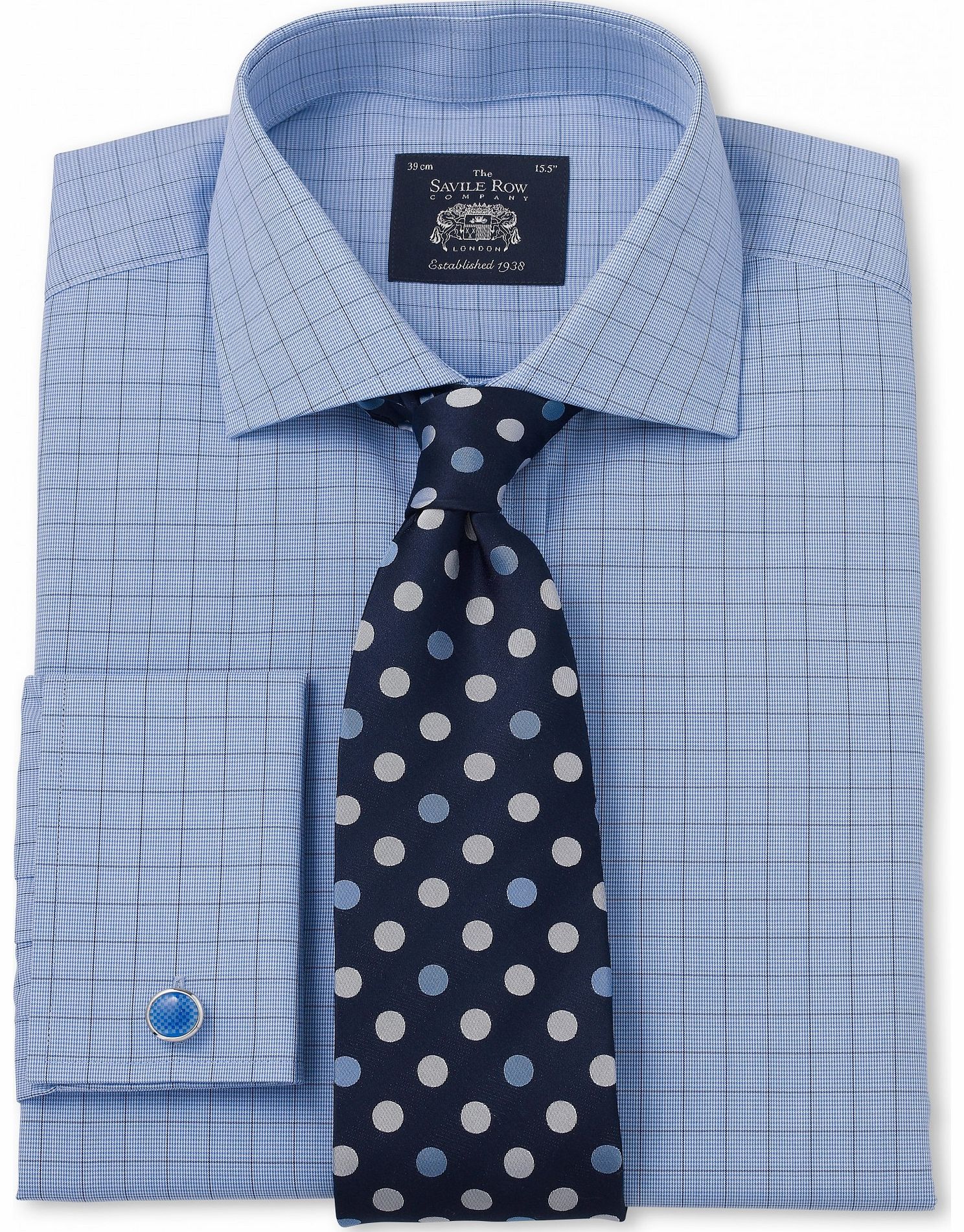 Savile Row Company Blue Prince of Wales Poplin Slim Fit Shirt 17``
