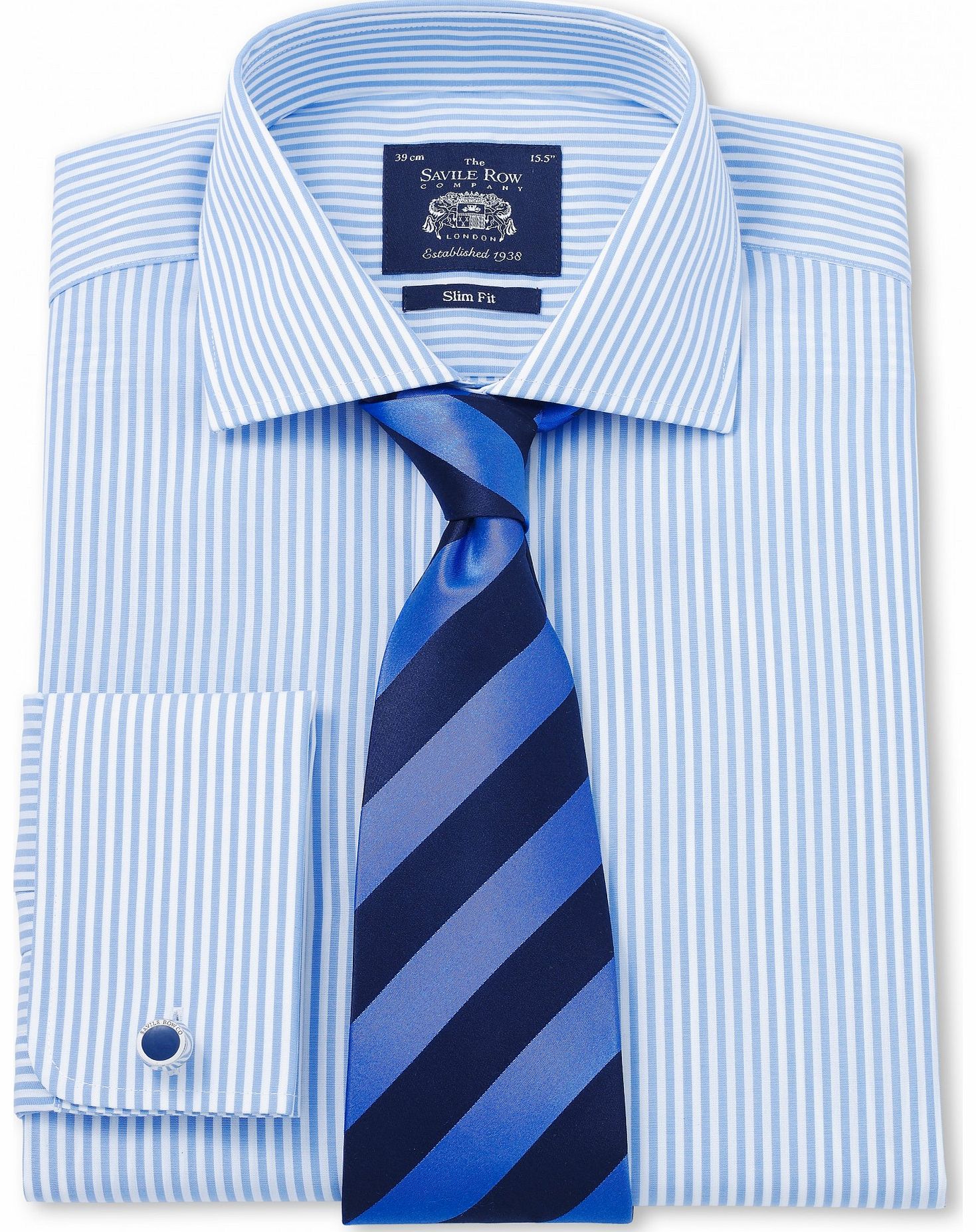 Savile Row Company Blue White Bengal Stripe Poplin Slim Fit Shirt