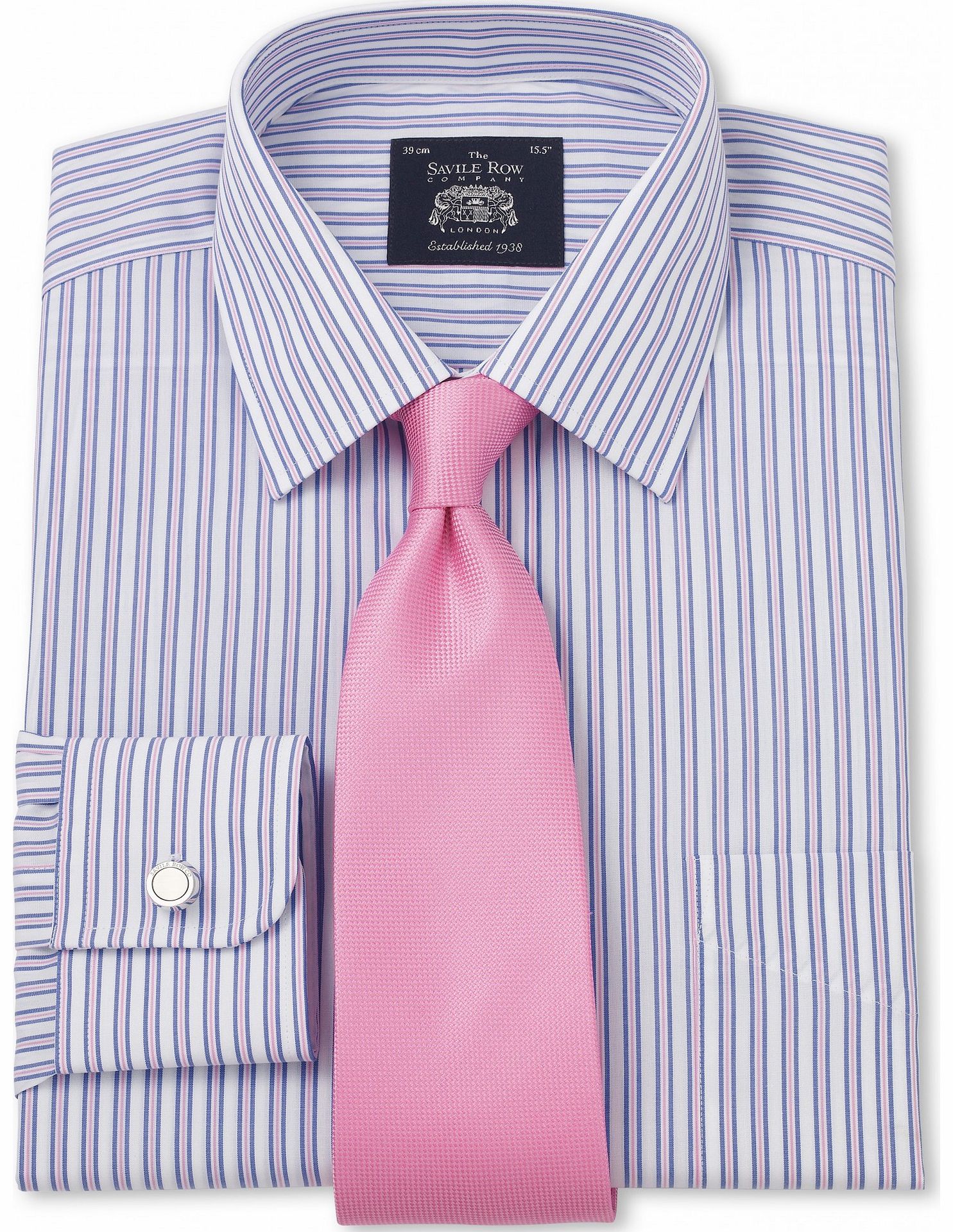 Savile Row Company Blue White Pink Stripe Poplin Classic Fit Shirt