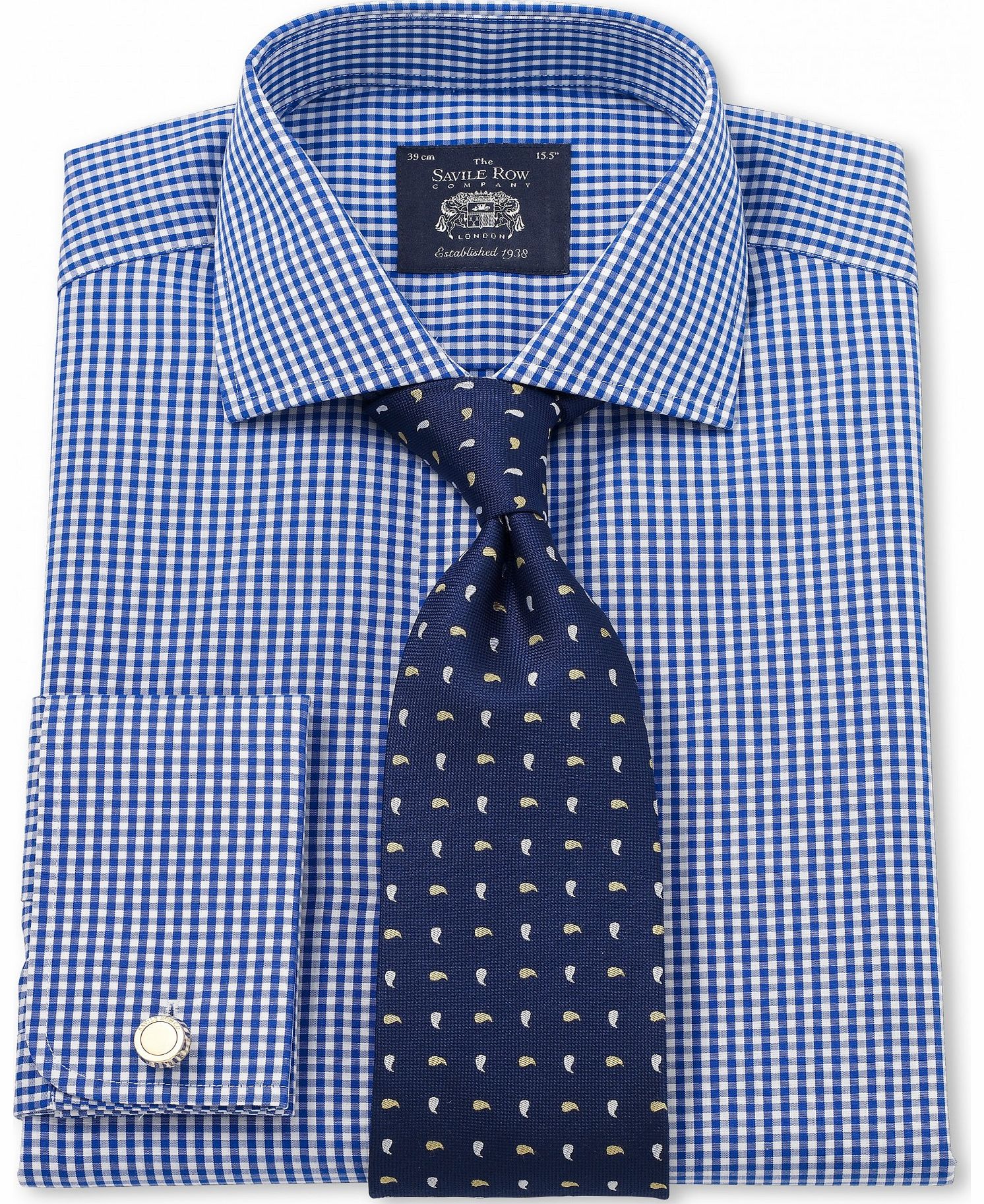 Savile Row Company Blue White Poplin Gingham Slim Fit Shirt 15``