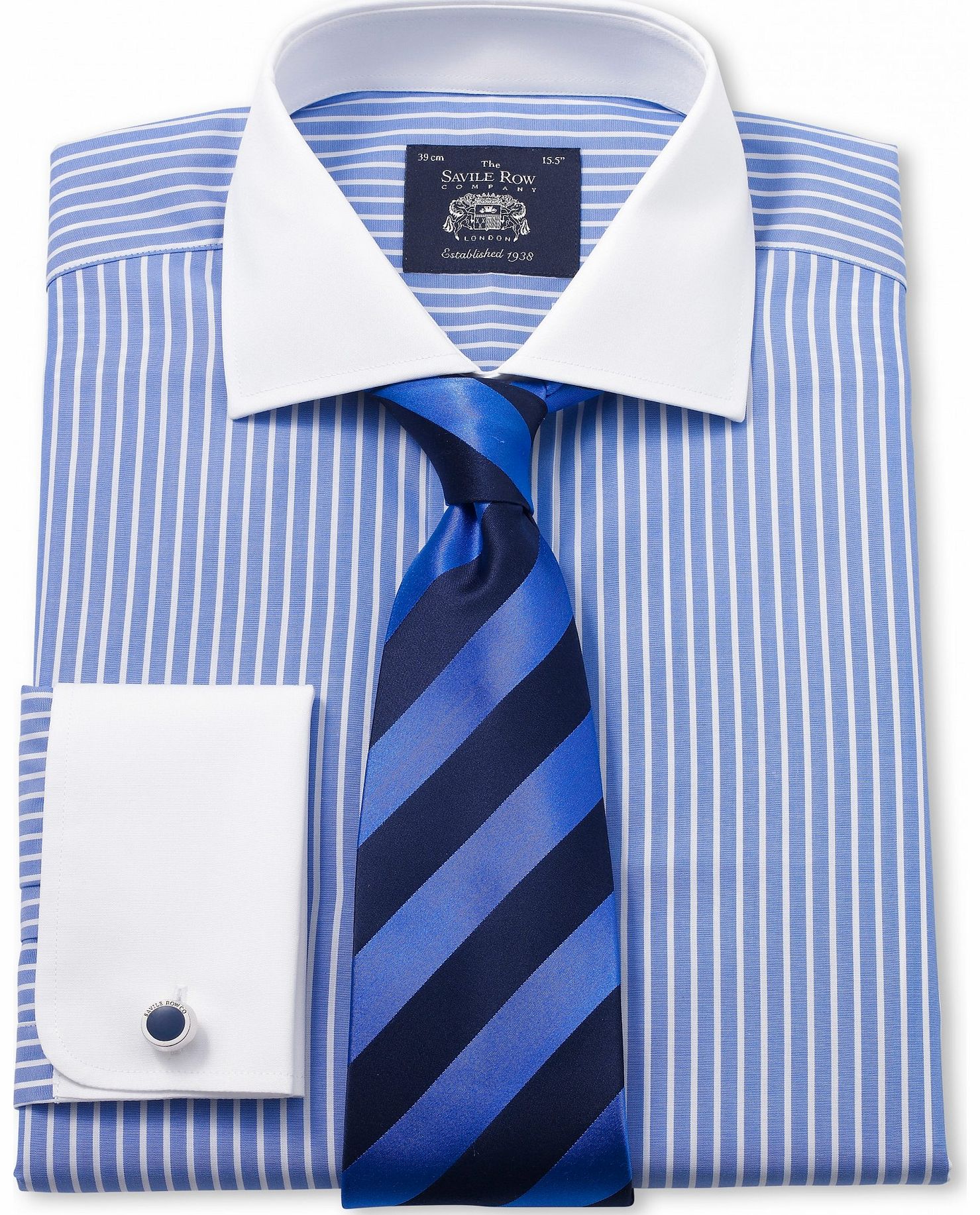 Savile Row Company Blue White Poplin Stripe Slim Fit Shirt 15``
