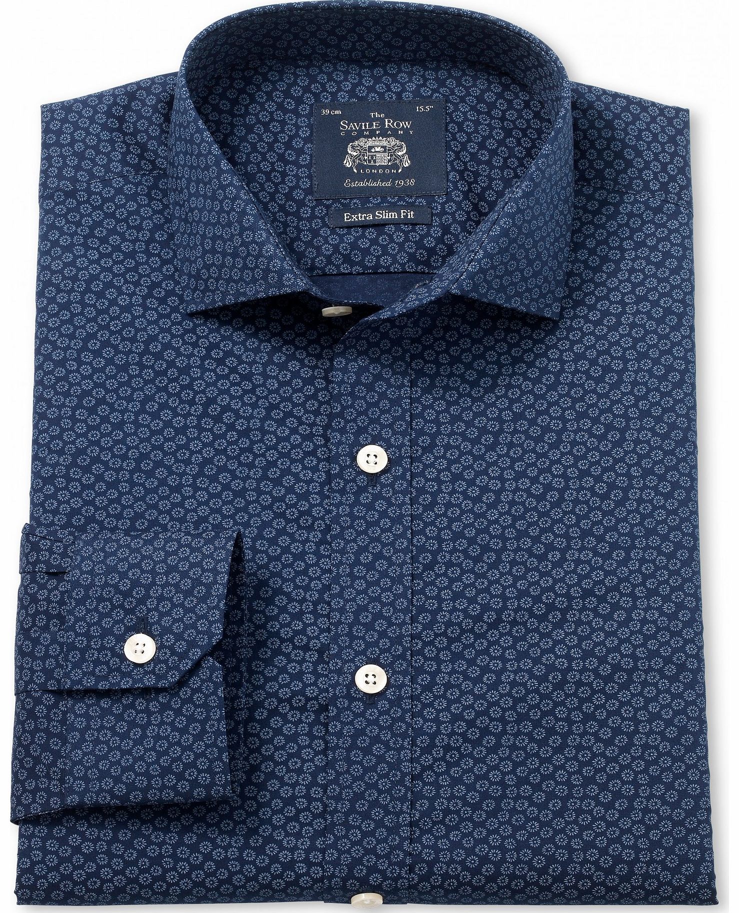 Savile Row Company Navy Blue Printed Extra Slim Fit Shirt 14 1/2``