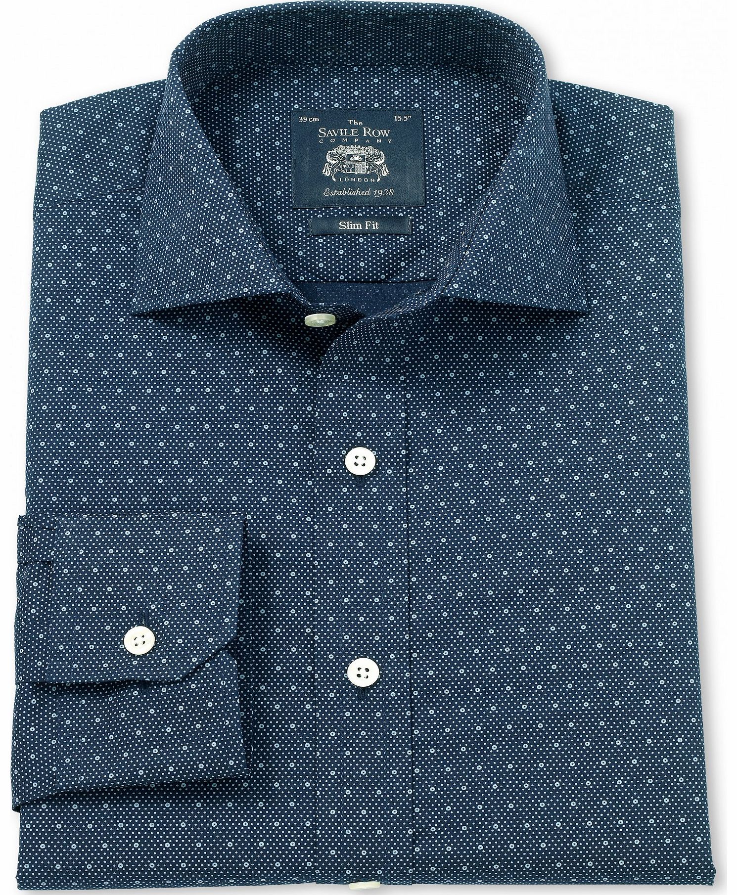 Savile Row Company Navy Blue Printed Poplin Slim Fit Shirt 14 1/2``