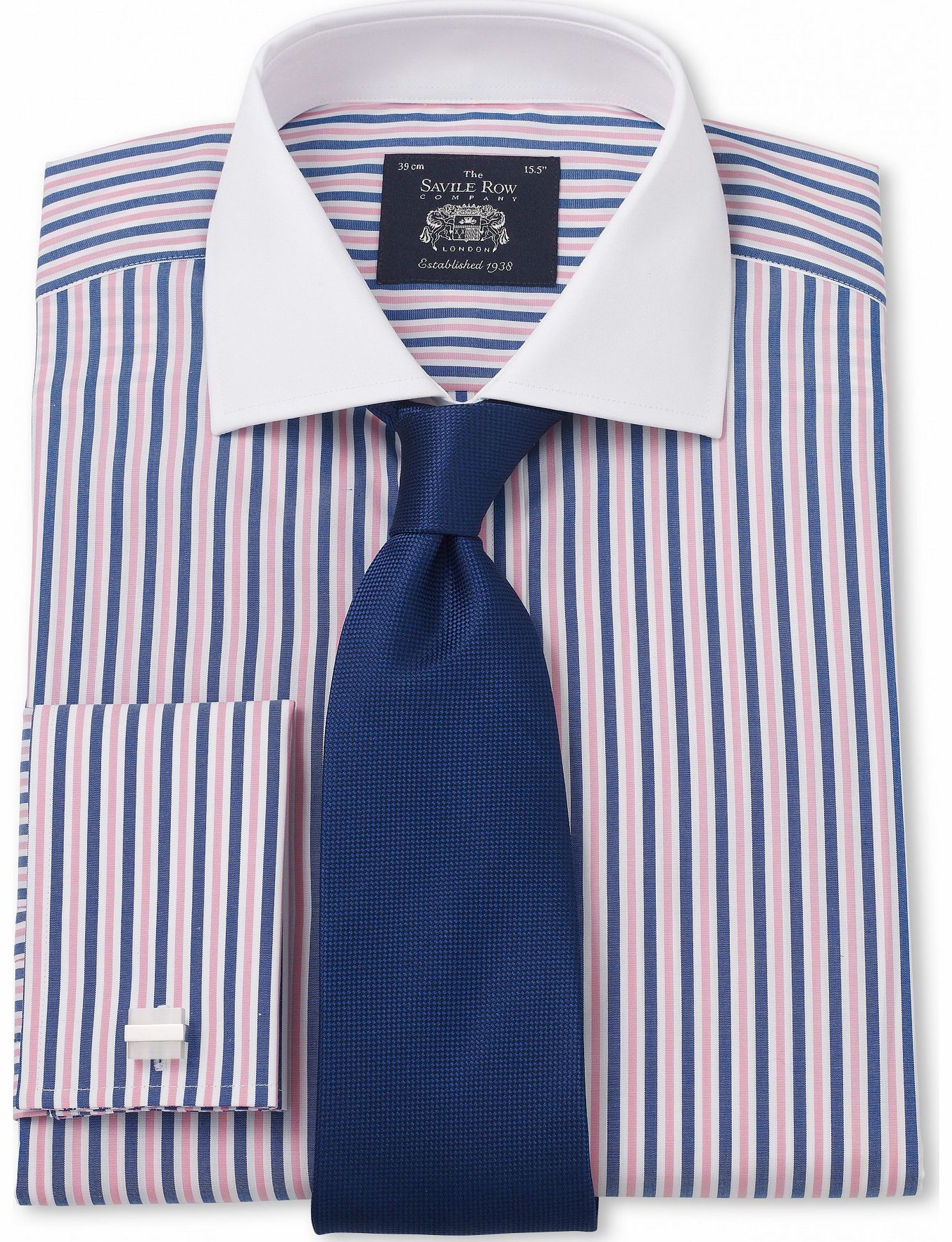 Savile Row Company Navy White Pink Stripe Poplin Slim Fit Shirt 15