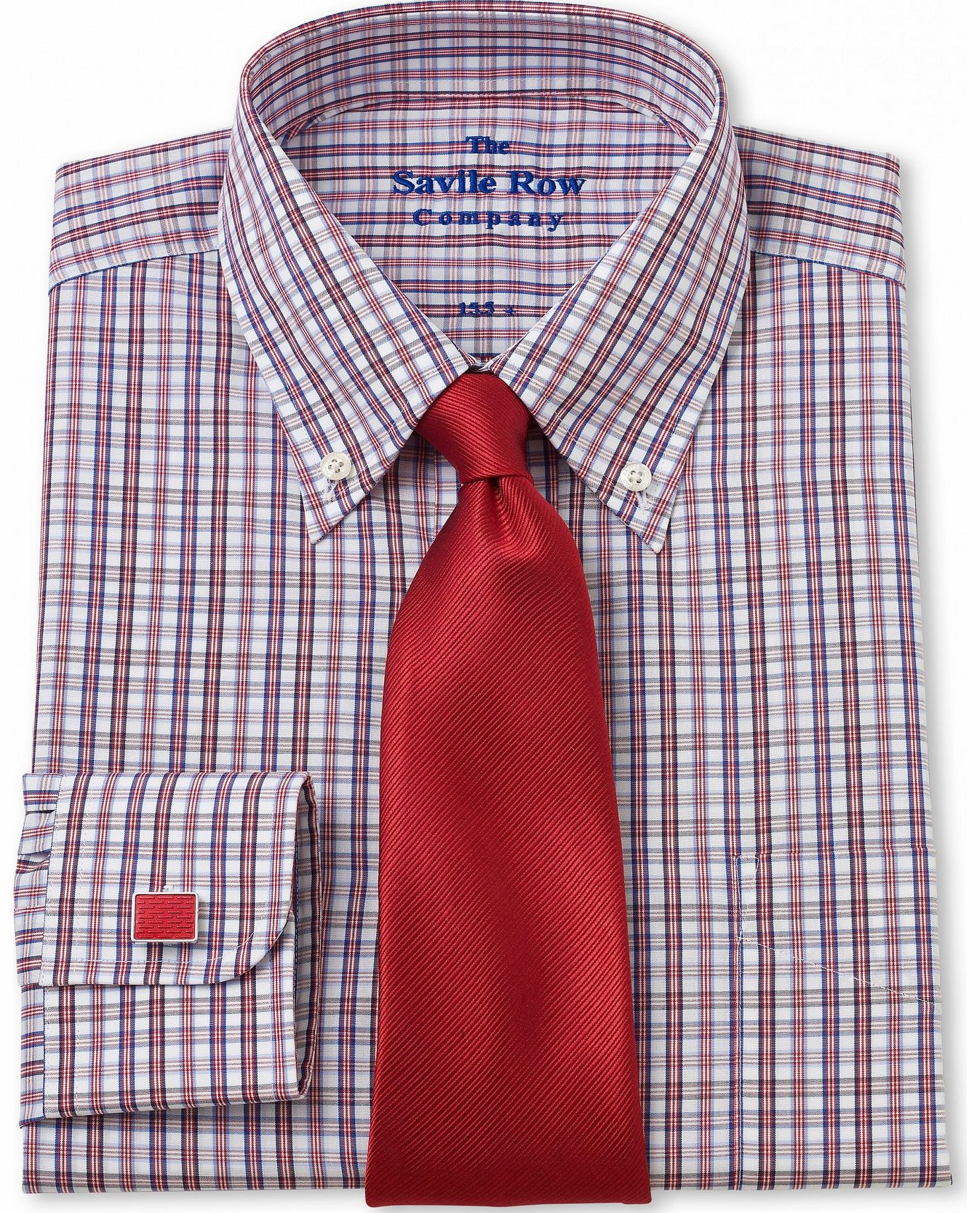 Savile Row Company Red Navy Check Classic Fit Shirt 15`` Lengthened