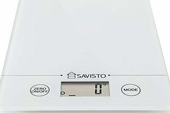 Savisto 5KG Electronic High Accuracy Digital Kitchen Scales with Large LCD Display - White Glass Platform Scale for Food / Herbs / Spices / Coffee