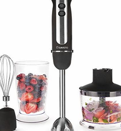 Savisto Handheld 3 in 1 750-Watts DC Power Hand Blender With 500ml Food Processor, 800ml Beaker amp; Whisk Attachments - Onyx Black