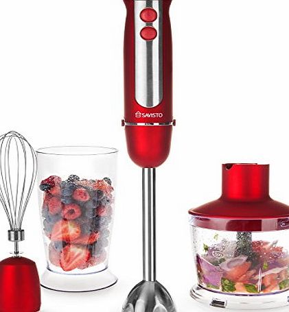 Savisto Handheld 3 in 1 750-Watts DC Power Venetian Red Hand Blender With 500ml Food Processor, 800ml Beaker amp; Whisk Attachments