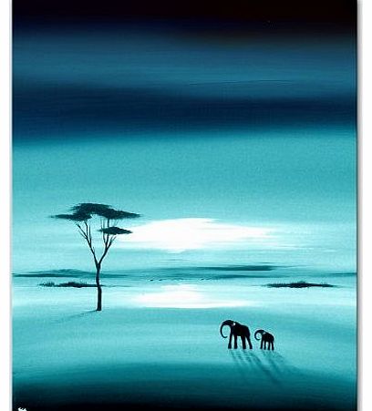 SCA ART African Landscape Original Canvas Painting Elephants Wall Art - In Teal - By SCA ART