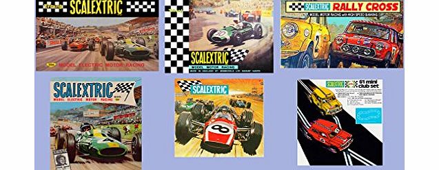 Scalextric set of 6 vintage Posters Adverts Signs including Jim Clark amp; Mini Cooper etc.
