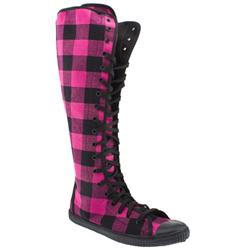 Schuh Female Curly Lace Knee High Check Fabric Upper Casual in Black and Pink