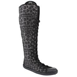 Schuh Female Curly Lace Knee High Leopard Fabric Upper Casual in Black and Silver