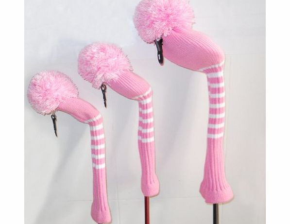 Scott Vintage Golf Club Pom Pom Headcover , Set of 3, for Driver/fairway/hybrid , Pink Color Classic Stripe Style , Soft ,Washable, Anti-pilling,Anti-wrinkle, Long neck