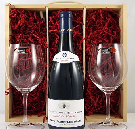Secret de Famille Cote Du Rhone Villages Secret de Famille 2009 Paul Jaboulet Aine Vintage Wine with two Riedel Crystal Wine Glasses presented in a wooden box