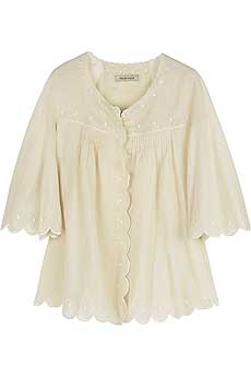 Cream demi sheer cotton voile blouse with scalloped edging and angel sleeves.