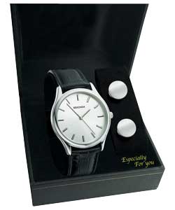 Gents Black Leather Watch and Cufflinks