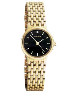 Ladies Gold Plated Black Round Dial Watch