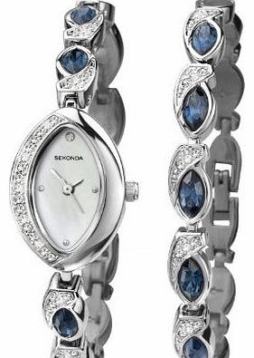 White Dial Blue Stone Set Bracelet Ladies Watch and Matching Bracelet Gift Set 4258G
