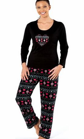 Selena Secrets Ladies 2 Piece Pyjama Top Bottoms Set Warm Micro Fleece Nightwear Hearts Design 10-12 Black