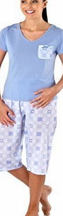 Selena Secrets Womens Ladies Pyjama Set Pjs three quarter cropped crop bottoms t-shirt (10/12, Blue)