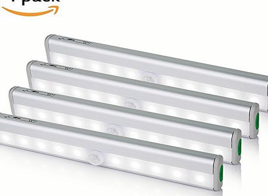 Senweit  Pack of 4 10LED Night Light Closet Lamp PIR Motion Sensor Sensing Activated 6500K Day White Stick-on Portable 4 AAA Batteries Power(Not Included) Magnetic Strip Home Closet Cabinet Kitchen Liv