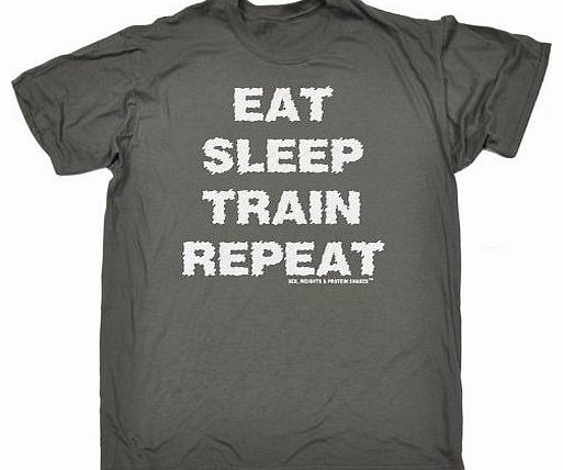 Sex Weights Protein Shakes EAT SLEEP TRAIN REPEAT (L - CHARCOAL) NEW PREMIUM LOOSE FIT T-SHIRT - slogan funny clothing joke nov