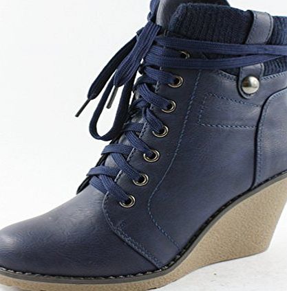 SFO Womens Ladies Ankle Boots Chunky Wedge Heel Army Biker Lace Up Ankle Boots Shoes Size 3 4 5 6 7 8 (UK5, Navy)