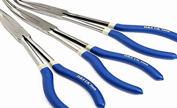Sh! Hamp;S 3 x 11`` (28cm) Extra Long Reach Pliers Set Straight Bent Nose Mechanics Hand Tool Kit
