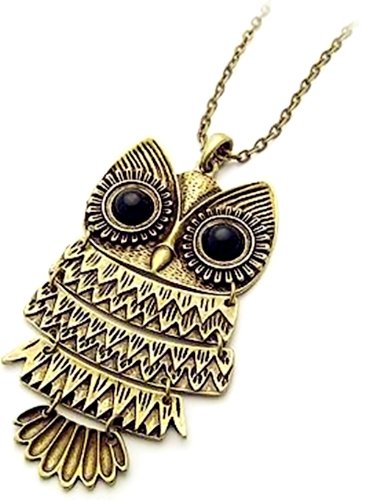 SheClub Vintage Antique black eye bronze owl retro Long necklace jewelry pendant J001