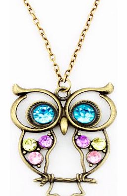 WorldTree Fashion Vintage Bronze Style Color Crystal Rhinstone Owl Pendants Long Chain Necklace