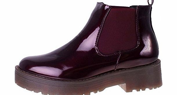 Shoebou Ladies Burgundy Patent Chunky Mid Heel Pull On Chelsea Ankle Boots UK 5, EU 38