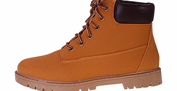 Shoebou Ladies Honey Nubuck Leather Look Cleated Sole Flat Lace Up Ankle Boots Tan UK 5, EU 38