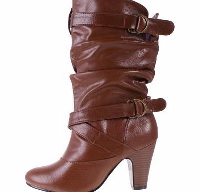 Shoebou Ladies Tan Leather Look Calf Length Buckle Heeled Ruched Slouch Boots 5