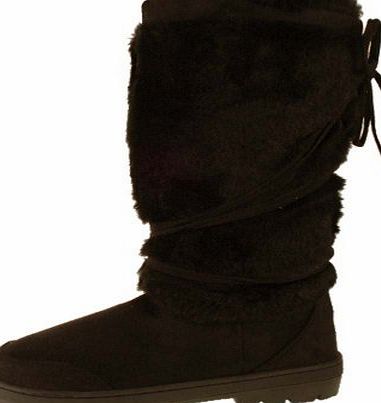 Shoebou New Ladies ELLA Black Faux Suede High Leg Fun Fur Chunky Sole Slouch Boots 3