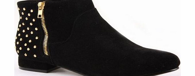 ShoeFashionista Ladies Flat Low Heel Pixie Vintage Retro Style Winter Ankle Boots Size With Shoefashionista Boutique Bag (Black Suede) (6 UK / 39 EU)