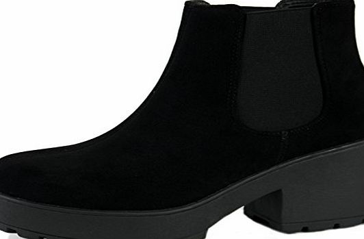 Style A Black Faux Suede Size 7 - Womens Ladies Block Heel Platform Chunky Cleated Sole Chelsea Ankle Boots