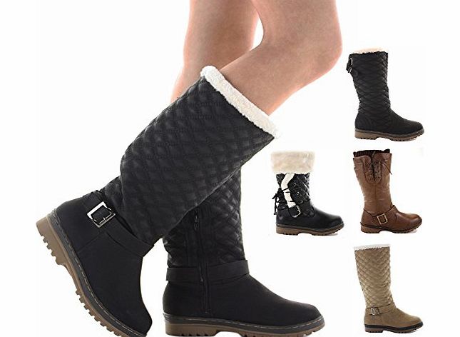 ShoeFashionista Style C Black Size 7 - Ladies Flat Winter Fur Quilted Snow Low Heel Calf High Leg Knee Boots New