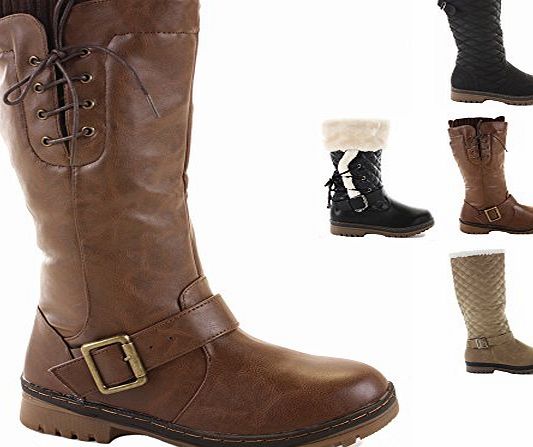 Style D Tan Size 7 - Ladies Flat Winter Fur Quilted Snow Low Heel Calf High Leg Knee Boots New