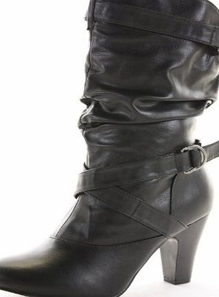 ShoeFashionista Womens Black Slouch Style Medium Heel Winter Ladies Wide Calf Mid High Knee Boots Size with shoeFashionista Boutique Bag