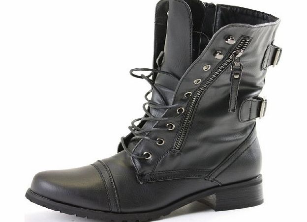 ShoeFashionista Womens Military Style Army Combat Lace up Ankle Worker Boots Black Matt Size 6