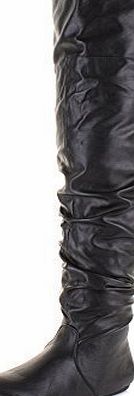 Shoestore Womens Black Leather Look Over The Knee Slouch Ruched Flat Thigh Boots SIZE 7