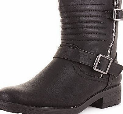 Womens Low Buckle Biker Style Chunky Leather Style Ladies Ankle Boots SIZE 6