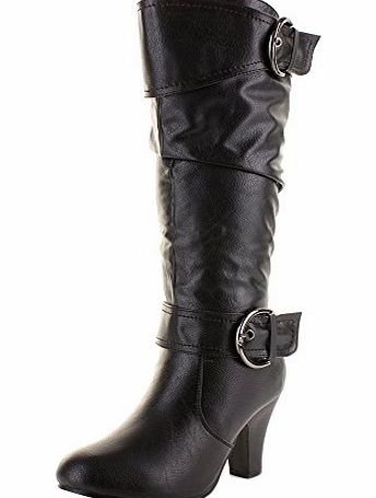 Shoestore Womens Mid Calf Slouch Buckle Heel Heeled Ladies Casual Boots SIZE 4