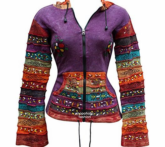 SHOPOHOLIC FASHION Acid washed multicolor patchwork hoodie, rainbow striped sleeve hippy jacket,boho (s/m, purple)