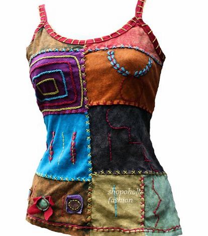 SHOPOHOLIC FASHION Multicolour Hippy Style Festival Ladies Tops/Vest,Pure Cotton T-shirt,Boho,Cool (l/xl)