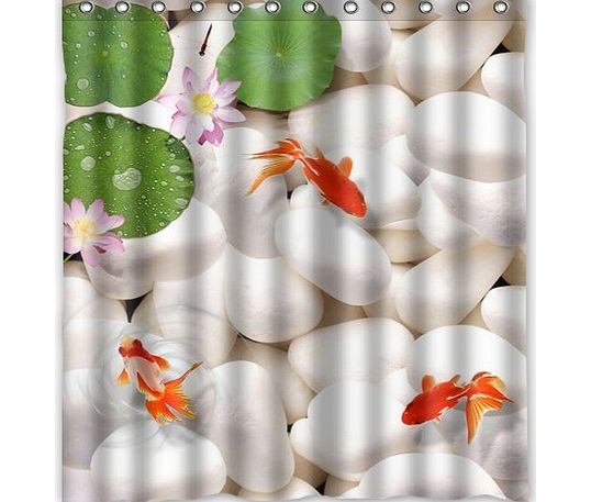 shower curtain Generic DIY Design Elegant White Pebble Stone With Gold Fish On The Water Waterproof Polyester Fabric Bathroom Shower Curtain 60`` x 72``