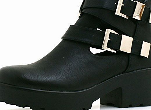 SHU CRAZY Womens Ladies Faux Leather Cut Out Chunky Cleated Sole Low Block Heel Biker Fashion Ankle Shoes Boots - K32 (4, BLACK)
