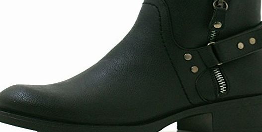 SHU CRAZY Womens Ladies Faux Leather Flat Low Heel Zip Up Biker Walking Short Ankle Shoes Boots - I94 (6, BLACK FAUX LEATHER)