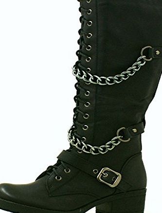 SHU CRAZY Womens Ladies Faux Leather Lace Up Chain Detail Low Block Heel Knee High Biker Military Combat Boots - F92 (6, BLACK FAUX LEATHER)