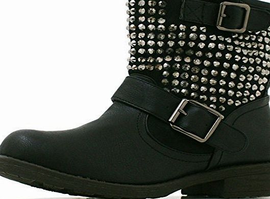 SHU CRAZY Womens Ladies Faux Leather Studded Buckle Flat Low Heel Biker Short Fashion Winter Ankle Shoes Boots - D48 (4, BLACK FAUX LEATHER)